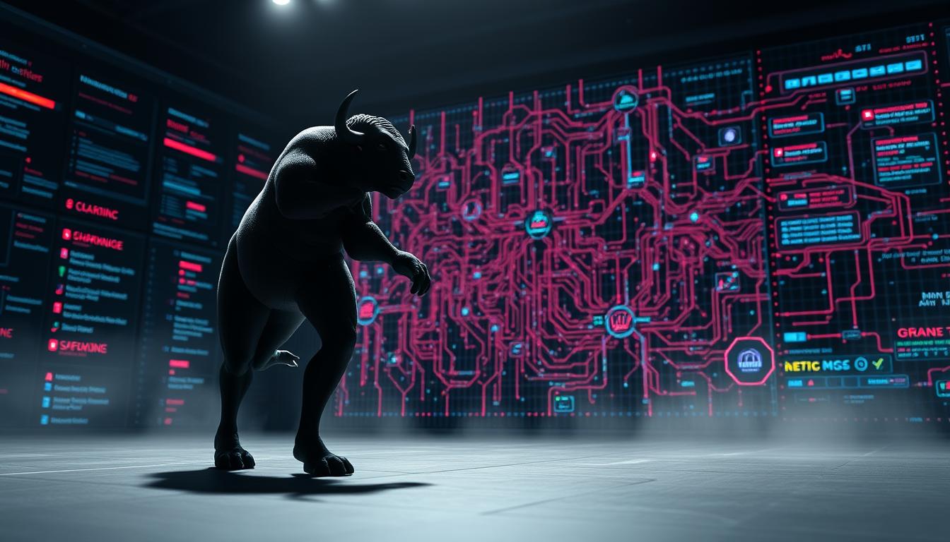 Futuristic buffalo symbol standing before a digital network map representing the battle between MDR and MSSP cybersecurity approaches in Buffalo.