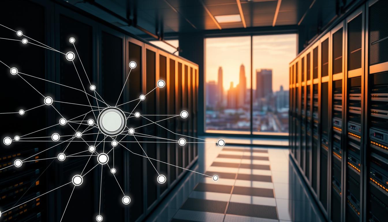 Modern data center with connected network nodes overlay, symbolizing secure municipal IT infrastructure in Buffalo for local government operations.