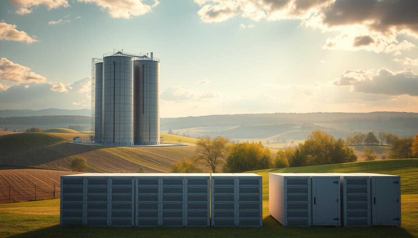Modern data storage silos and backup servers set in a rural Western New York landscape, symbolizing affordable and reliable S3-compatible disaster recovery solutions.