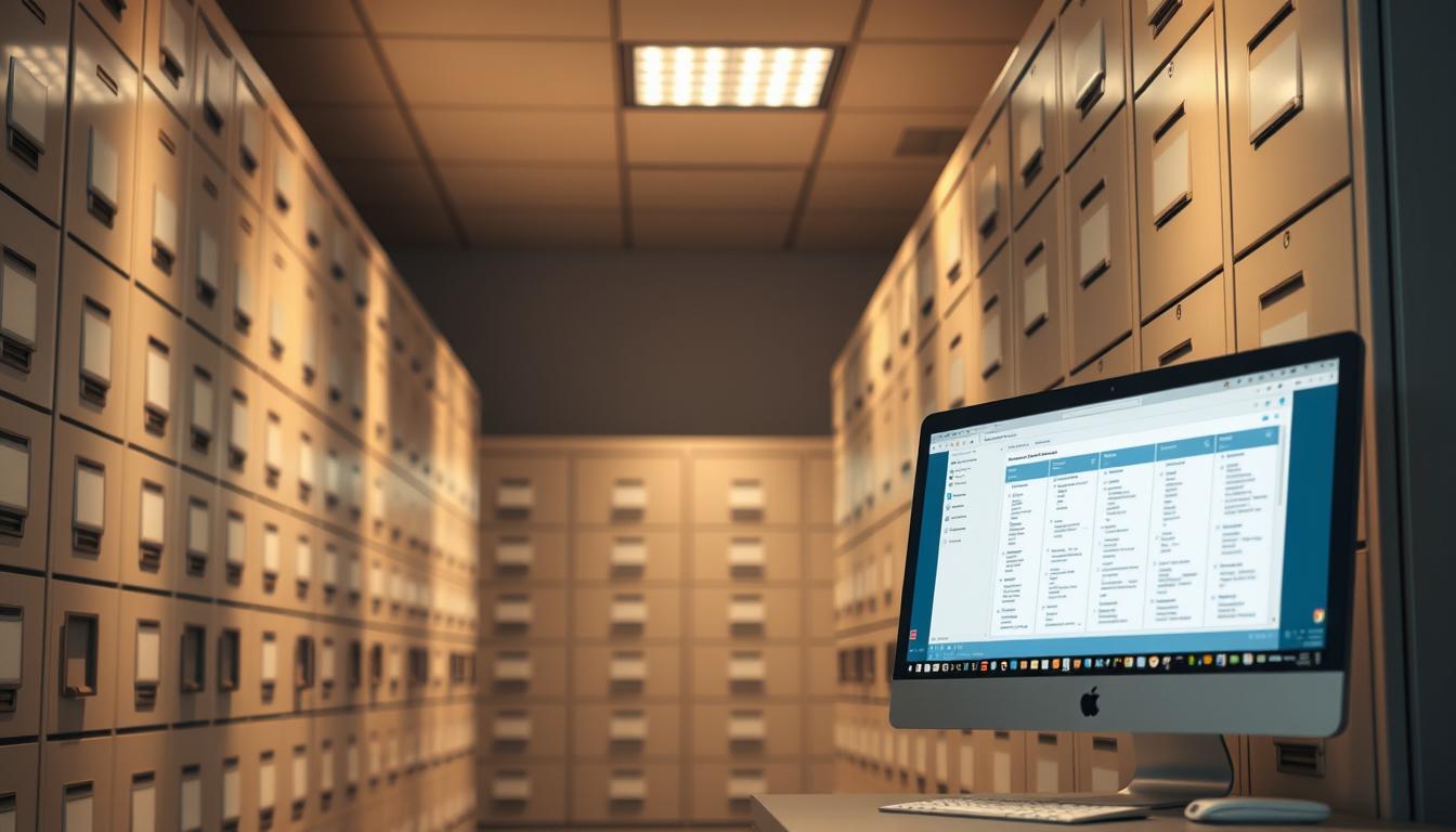 Computer displaying email records in a room filled with filing cabinets, representing FOIL-compliant records and email retention for Western New York municipalities.
