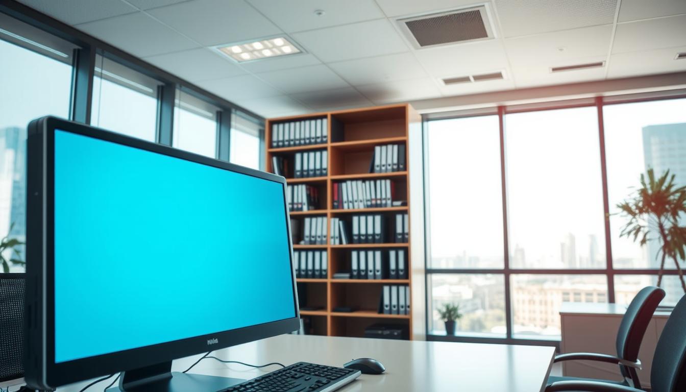 Modern Buffalo healthcare office with computer workstation and organized records, symbolizing HIPAA-compliant IT support and secure EHR management.