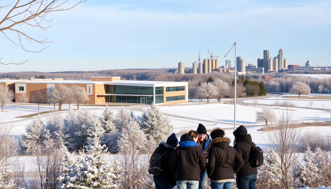 Group of students outside a modern Buffalo-area school during winter, symbolizing K-12 cybersecurity readiness and CIS IG1 best practices for local districts.