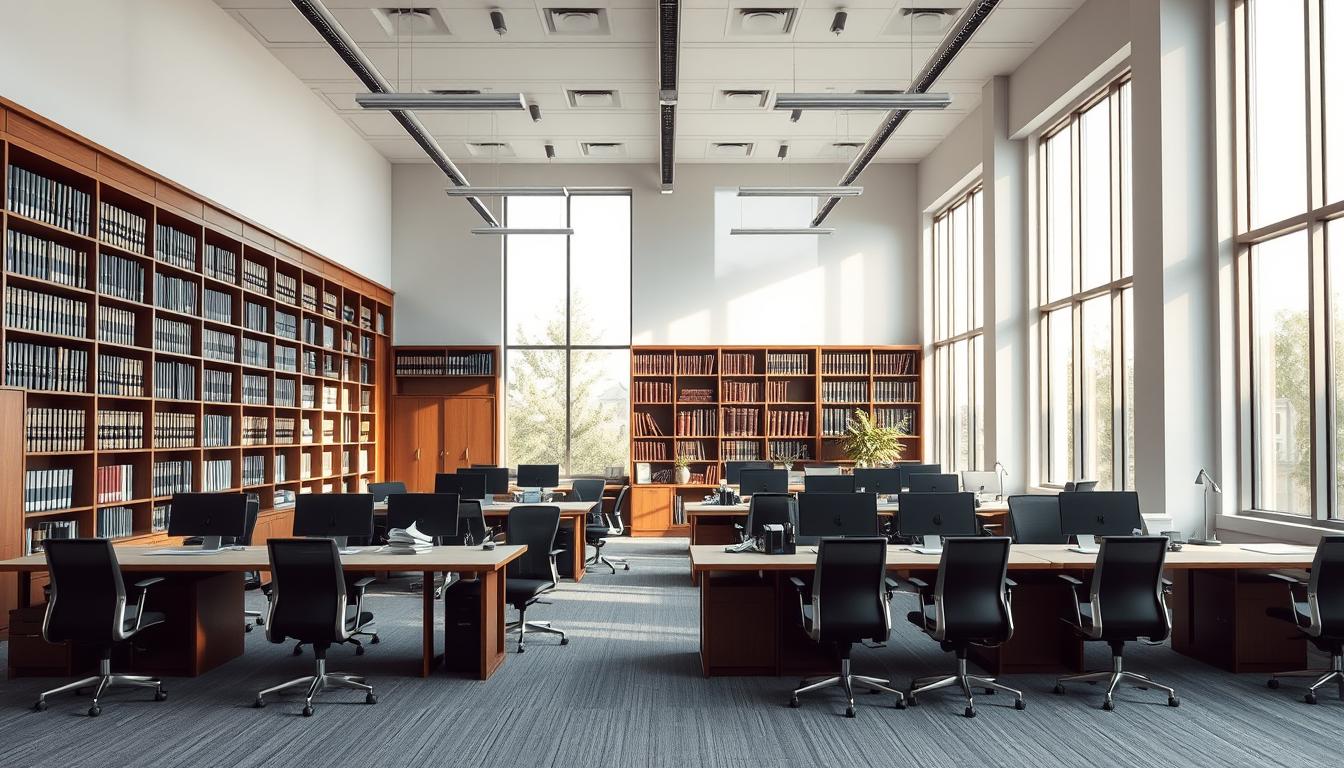Modern law firm office in Western New York with tall windows, rows of desks, computers, and bookshelves, representing secure and efficient eDiscovery document management.