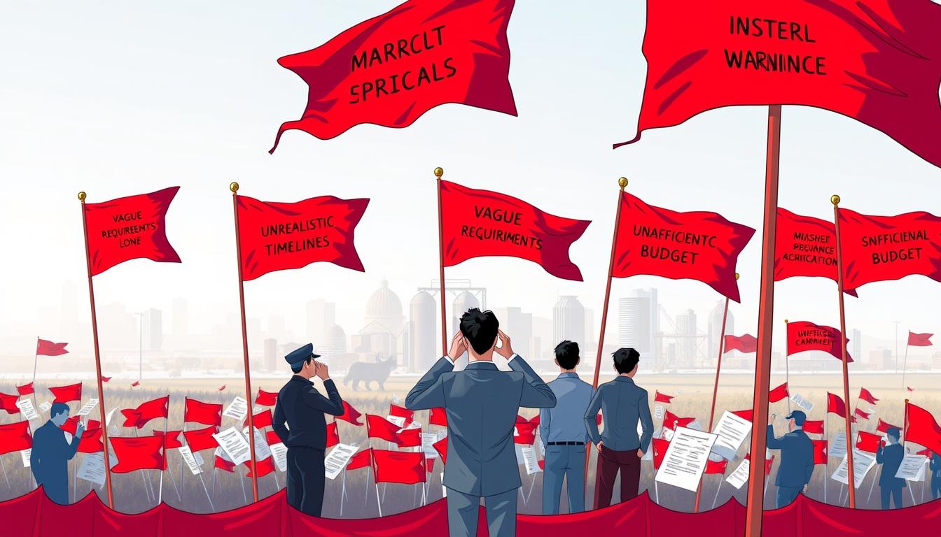 Business professionals evaluating IT service proposals surrounded by red flags showing vague requirements, unrealistic timelines, and limited budgets—illustrating common managed IT support red flags in Western New York.