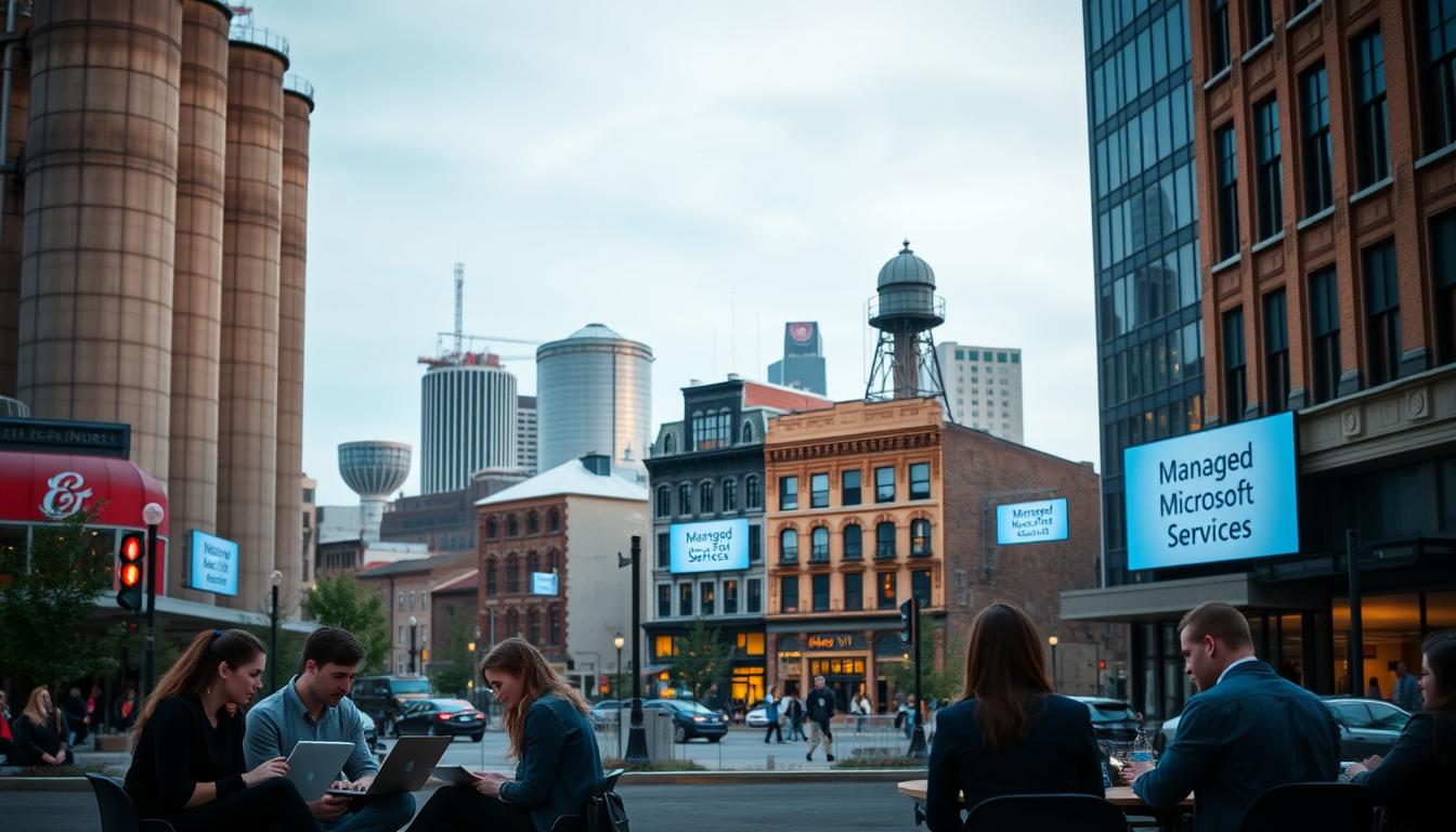 Downtown Buffalo professionals working on laptops outdoors with city buildings in the background, representing managed Microsoft 365 services for local businesses.