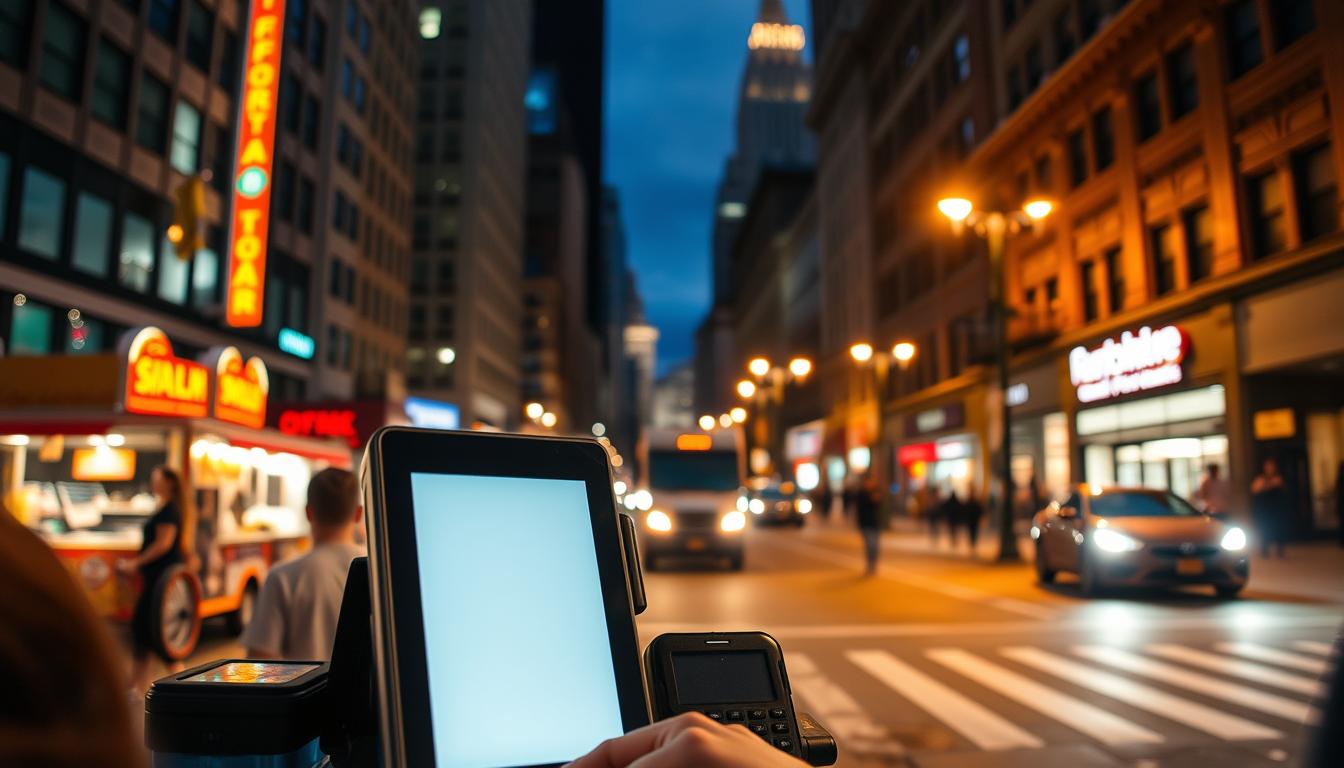 Downtown Buffalo street at night with mobile POS terminal and card reader in focus, symbolizing mobile payment support, hotspots, and nightly data syncs for local businesses.