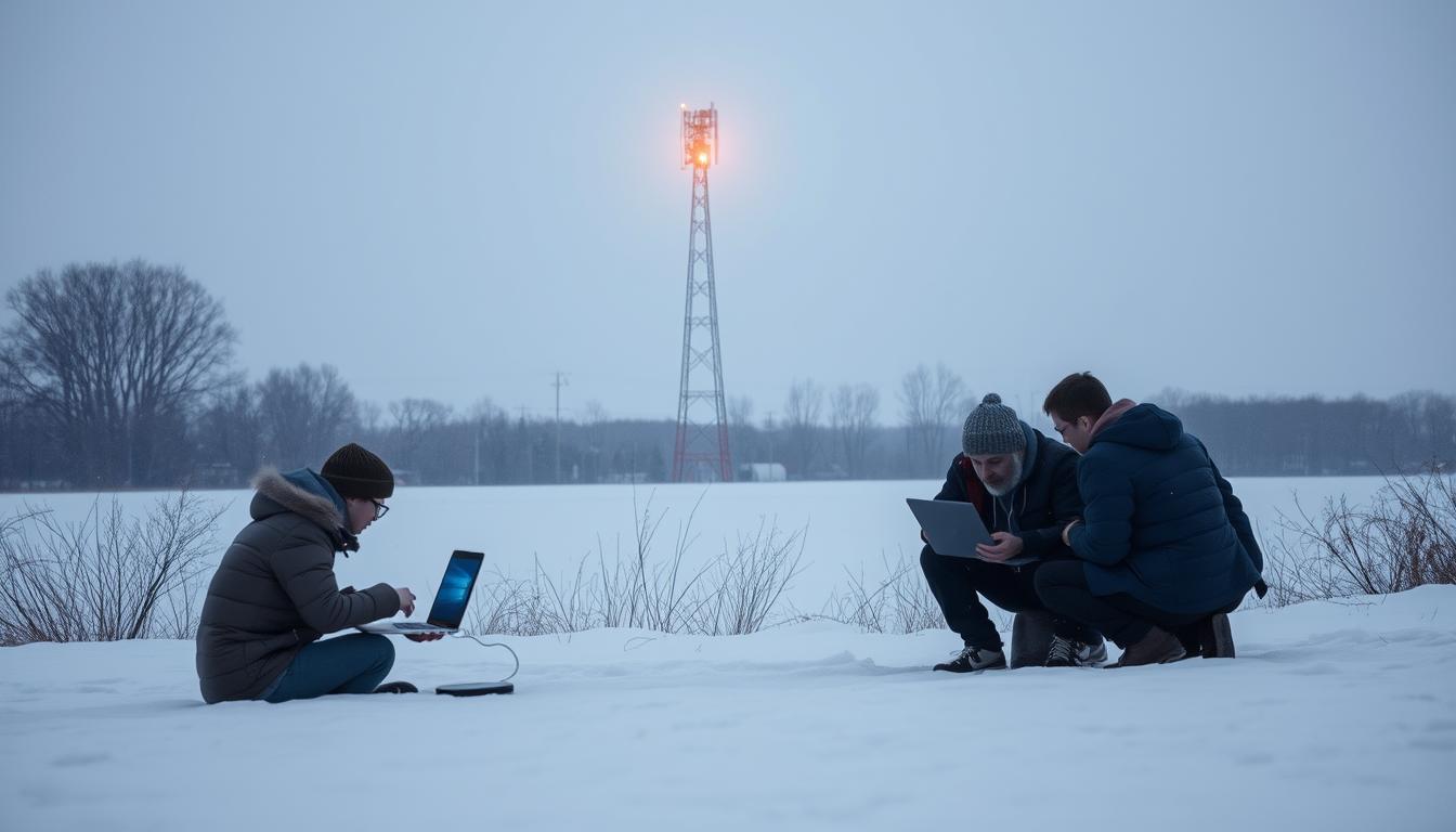 IT specialists working on laptops in snowy Rochester field near a lit LTE tower, testing 5G failover and video call quality during winter conditions.
