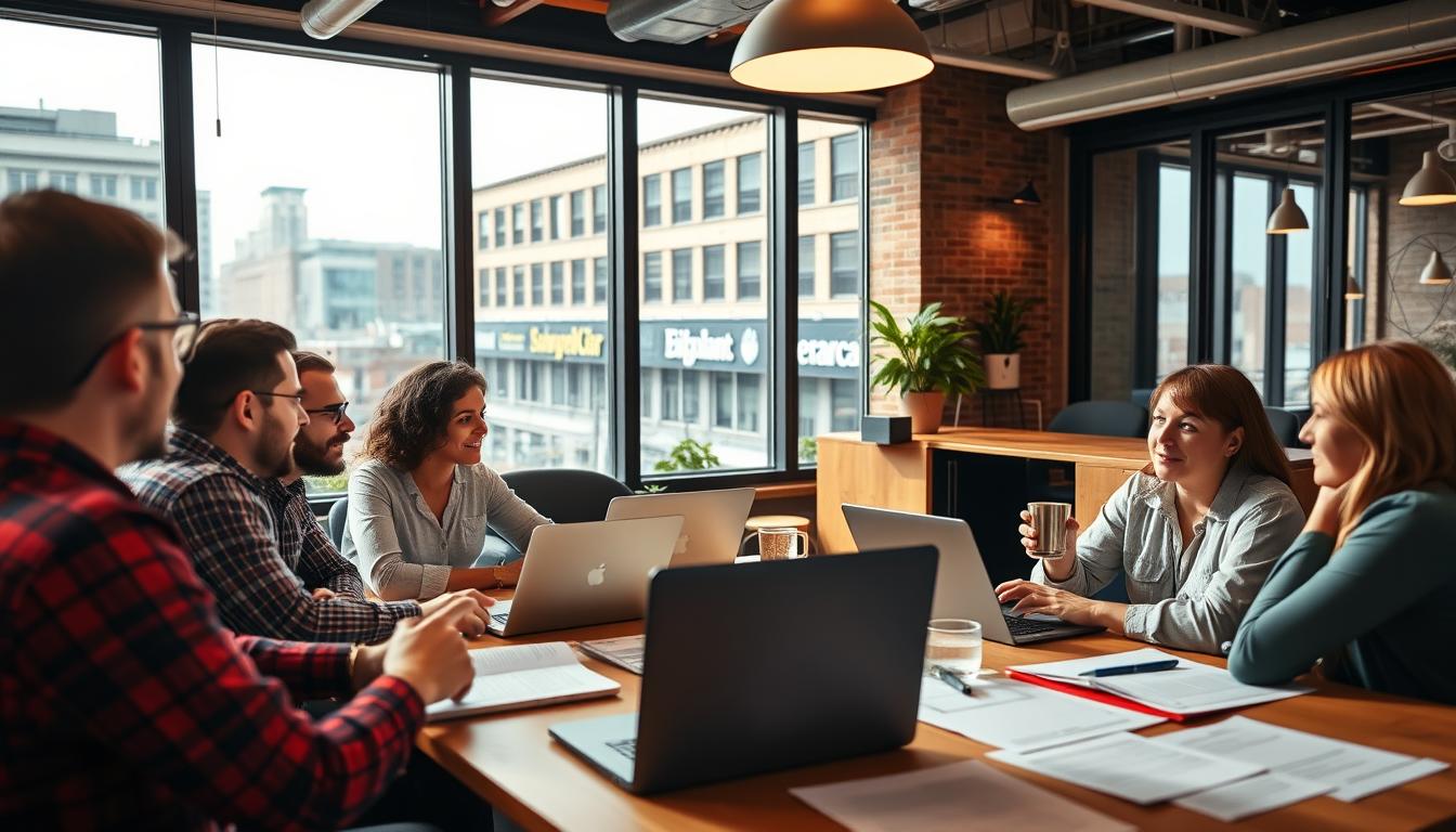 Team of SaaS professionals in a downtown Buffalo office collaborating on SOC 2 compliance preparation for Western New York startups.