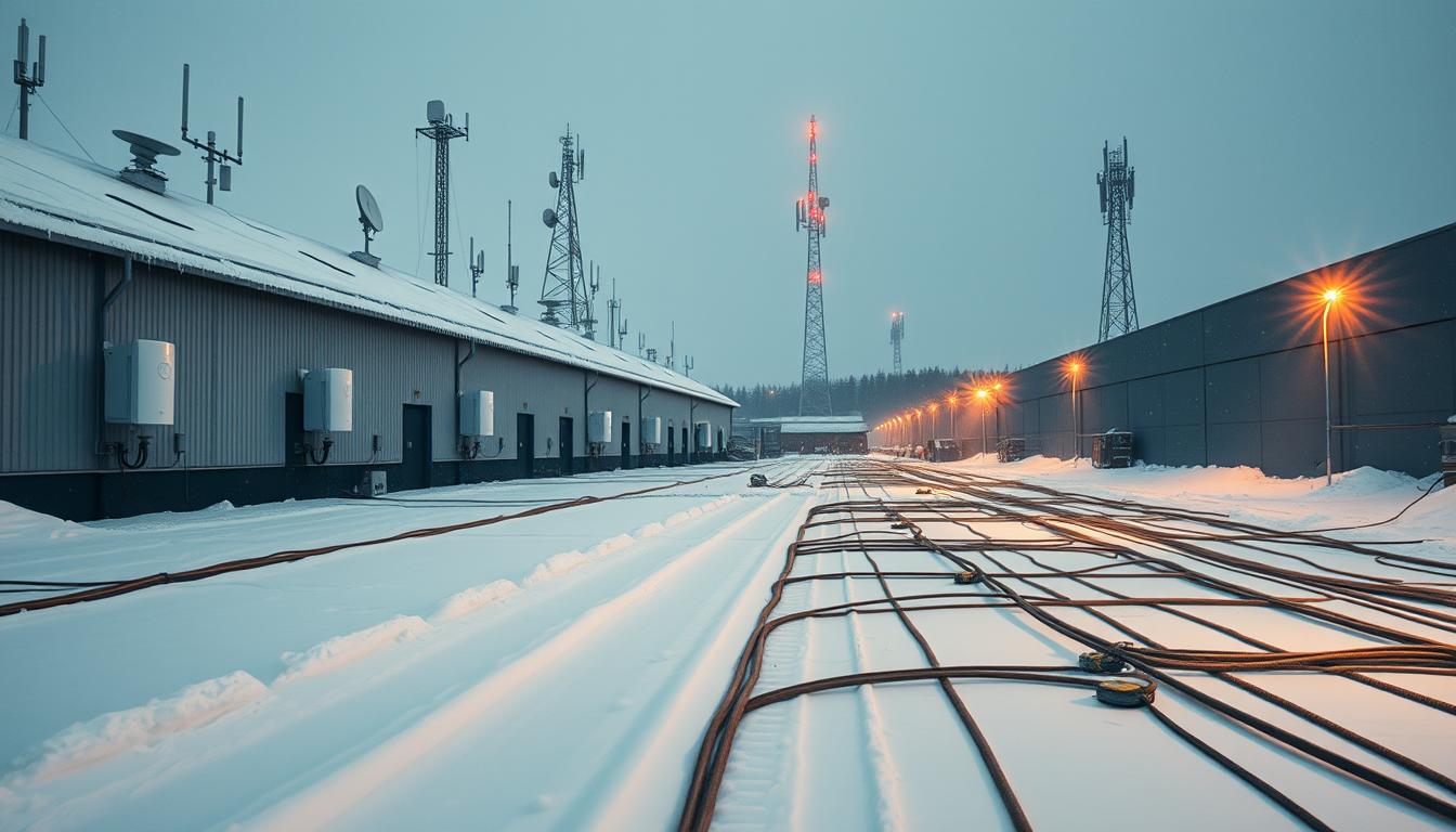 Snow-covered outdoor area of an industrial warehouse with mounted network equipment, overhead antennas, and visible fiber or power cables heated against snow buildup—highlighting the tech challenges of maintaining Wi-Fi infrastructure in cold climates.