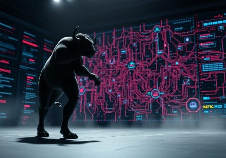 Buffalo MDR vs MSSP Futuristic buffalo symbol standing before a digital network map representing the battle between MDR and MSSP cybersecurity approaches in Buffalo.
