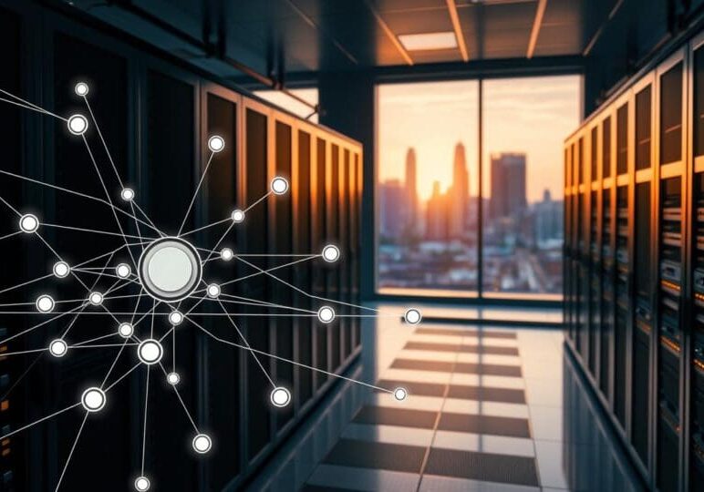 Modern data center with connected network nodes overlay, symbolizing secure municipal IT infrastructure in Buffalo for local government operations.