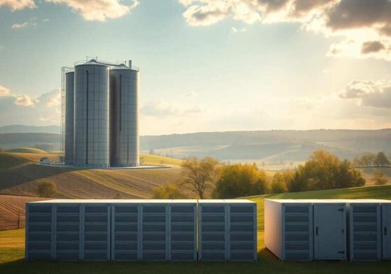 Cheap DR That Works Modern data storage silos and backup servers set in a rural Western New York landscape, symbolizing affordable and reliable S3-compatible disaster recovery solutions.