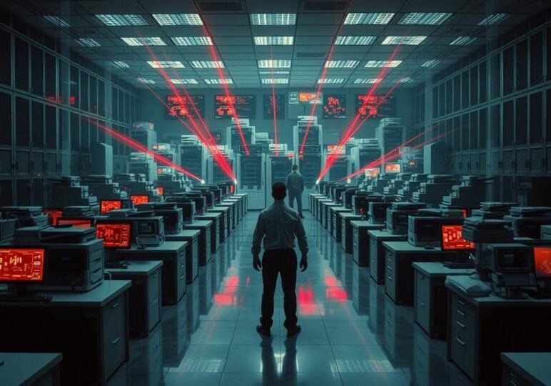 Person standing in a dimly lit server room with rows of copiers and red security lasers, symbolizing cybersecurity risks from copier firmware, hard drives, and data wipe policies.