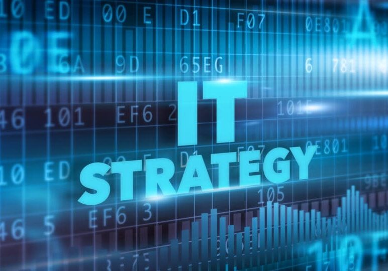 IT strategy concept blue background blue text