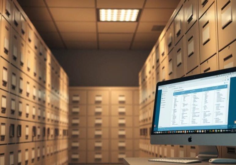 Computer displaying email records in a room filled with filing cabinets, representing FOIL-compliant records and email retention for Western New York municipalities.