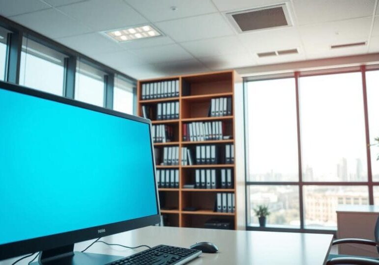 IT Support for Healthcare Practices in Buffalo, HIPAA, EHR, and Beyond Modern Buffalo healthcare office with computer workstation and organized records, symbolizing HIPAA-compliant IT support and secure EHR management.