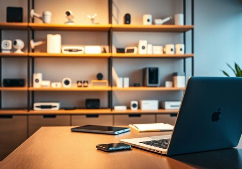 Modern office desk with laptop, smartphone, and shelves of smart home devices, representing IT support for Buffalo property managers managing remote locks, cameras, and Wi-Fi systems.