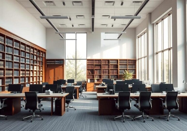Modern law firm office in Western New York with tall windows, rows of desks, computers, and bookshelves, representing secure and efficient eDiscovery document management.