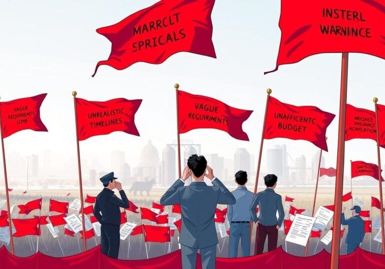 MSP Red Flags We Keep Seeing in WNY RFPs Business professionals evaluating IT service proposals surrounded by red flags showing vague requirements, unrealistic timelines, and limited budgets—illustrating common managed IT support red flags in Western New York.