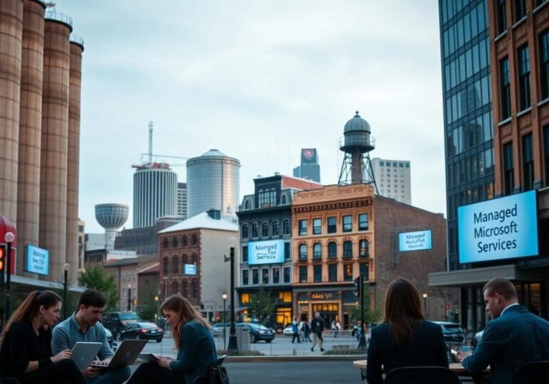 Downtown Buffalo professionals working on laptops outdoors with city buildings in the background, representing managed Microsoft 365 services for local businesses.