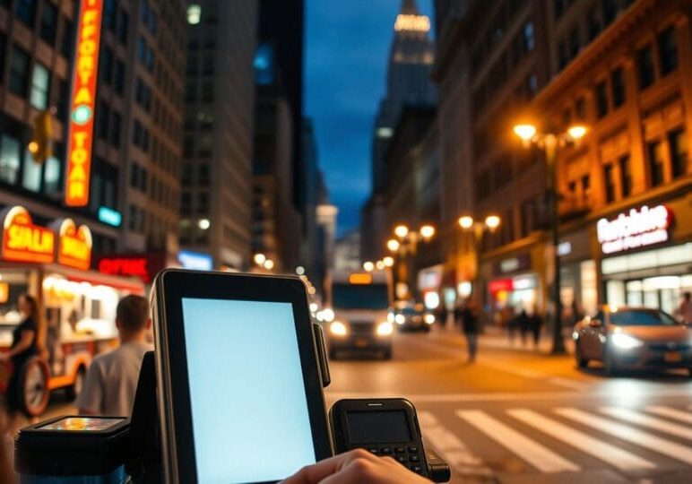 Downtown Buffalo street at night with mobile POS terminal and card reader in focus, symbolizing mobile payment support, hotspots, and nightly data syncs for local businesses.