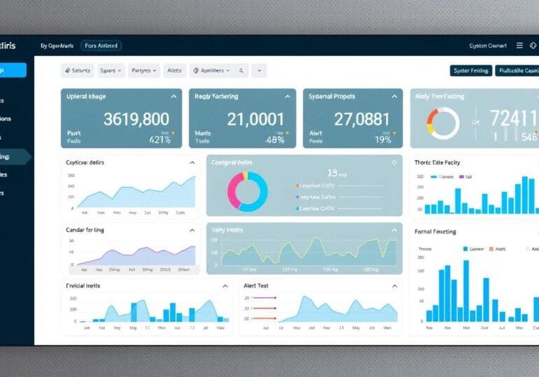 A modern operations dashboard with charts, graphs, and key performance indicators showing service-level metrics, real-time system alerts, and downtime predictors—designed for IT and business owners to monitor infrastructure health and reliability.