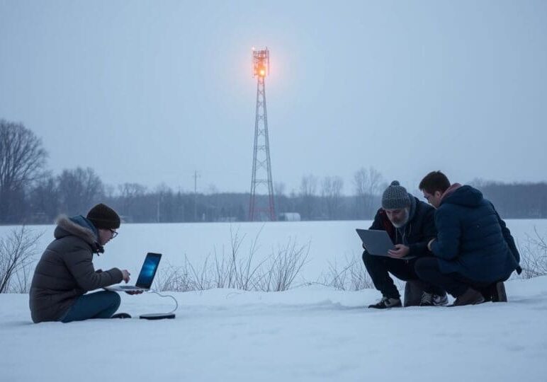 Rochester Snow Days IT specialists working on laptops in snowy Rochester field near a lit LTE tower, testing 5G failover and video call quality during winter conditions.
