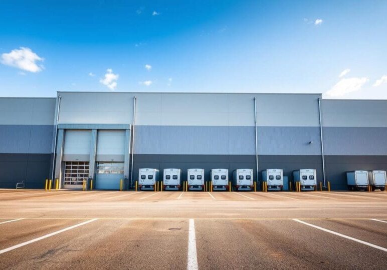 Modern industrial warehouse with multiple loading dock doors and delivery trucks, symbolizing controlled vendor access—a visual metaphor for Privileged Access Management (PAM) in manufacturing environments.