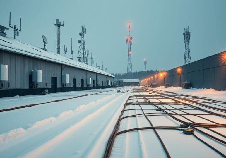 Snow-covered outdoor area of an industrial warehouse with mounted network equipment, overhead antennas, and visible fiber or power cables heated against snow buildup—highlighting the tech challenges of maintaining Wi-Fi infrastructure in cold climates.