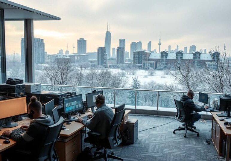 Winterized Helpdesk, SLAs, Spares, and Remote Kits for Lake-Effect Weeks IT helpdesk team working in a modern office overlooking a snowy cityscape, prepared with spare equipment and remote support kits for winter disruptions.